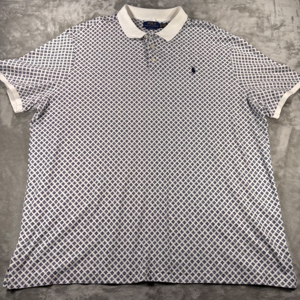 Polo Ralph Lauren Mens XXL Classic Fit Geometric Diamond Print Polo Shirt White